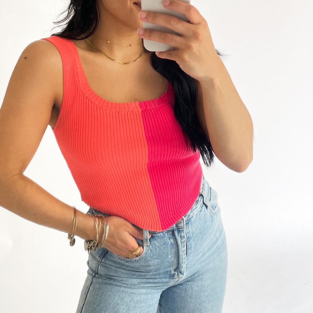 Lush Ribbed Fitted Tank Top in Orange and Pink